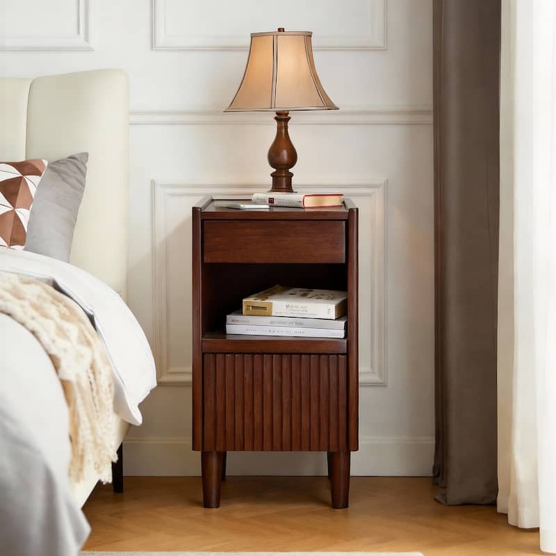 Wooden Bedside Table with 1 Drawer Open Shelves, Wood Board Side Tables Storage Small Narrow Desk Chest of Drawer - Walnut