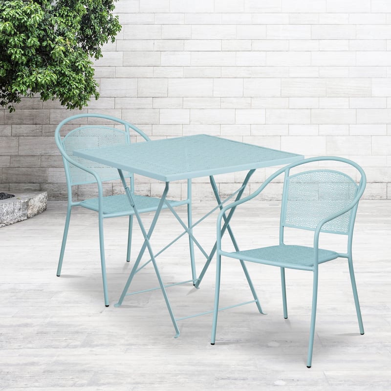 28'' Square Indoor-Outdoor Folding Patio Table Set with 2 Round Back Chairs - Sky Blue