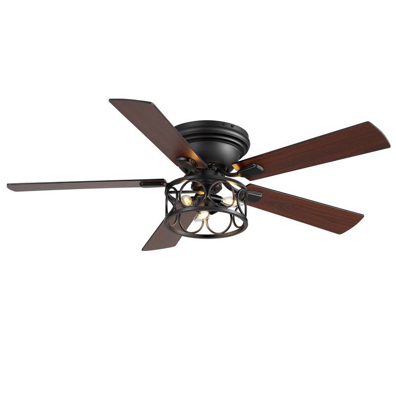 52-inch Flush Mount Caged Ceiling Fan with Light and Remote(5 Reversible Blades)