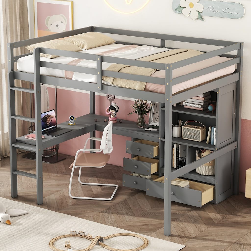 Full Size High Loft Bed with Underbed Bookcase L-shape Desk Storage Shelves Drawers Loft Wood Bed Frame with Ladder Guardrails