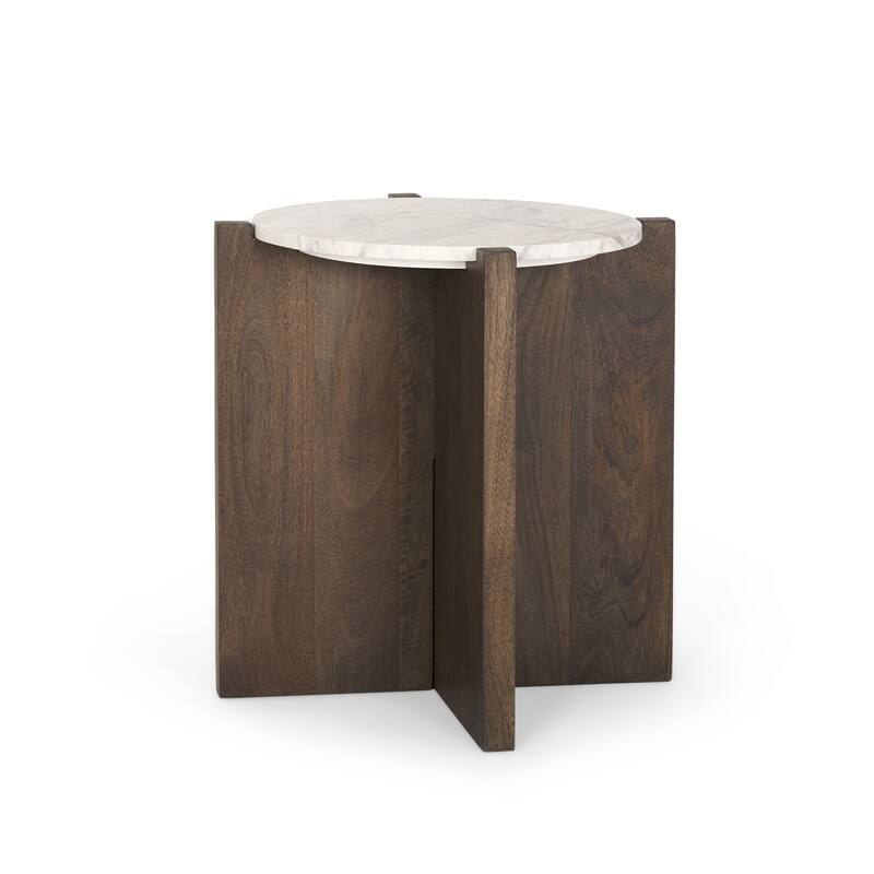 HomeRoots 22" White and Brown Stone and Wood Tray Table - 22.00 in. x 22.00 in. x 22.00 in.