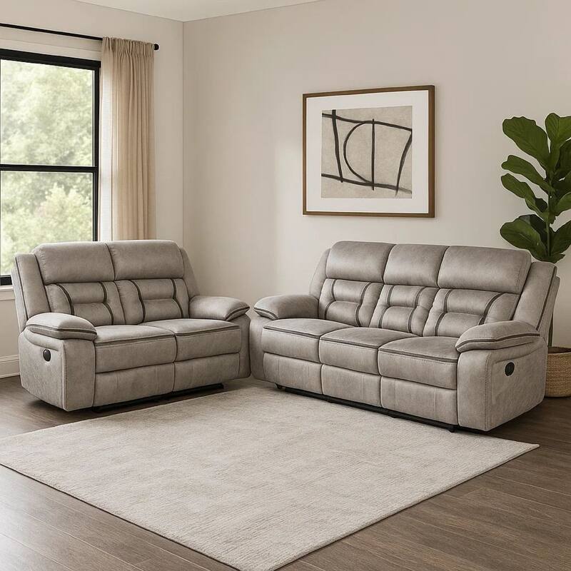 Garie 2pc Manual Reclining Sofa and Loveseat Set, Taupe Faux Leather