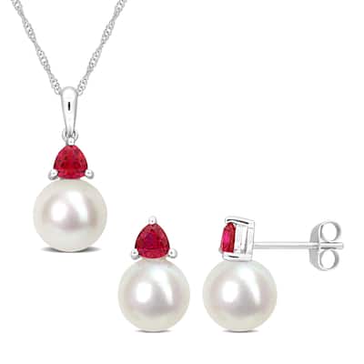 Miadora 8mm Cultured Freshwater Pearl 4/5ct TGW Created Ruby Jewelry Set 10k White Gold - 17 in