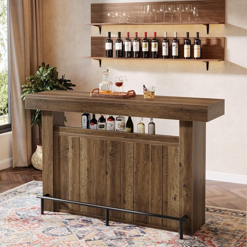 63 Inches Bar Table with Footrest and Storage Shelves for Kitchen Bistro Basement