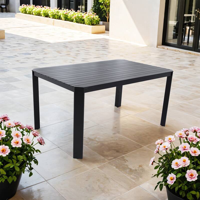 Modern Outdoor Aluminum table with Alternating Wide and Narrow Slats, Angled Corners, 2" Big Umbrella Hole - Bourbon Brown