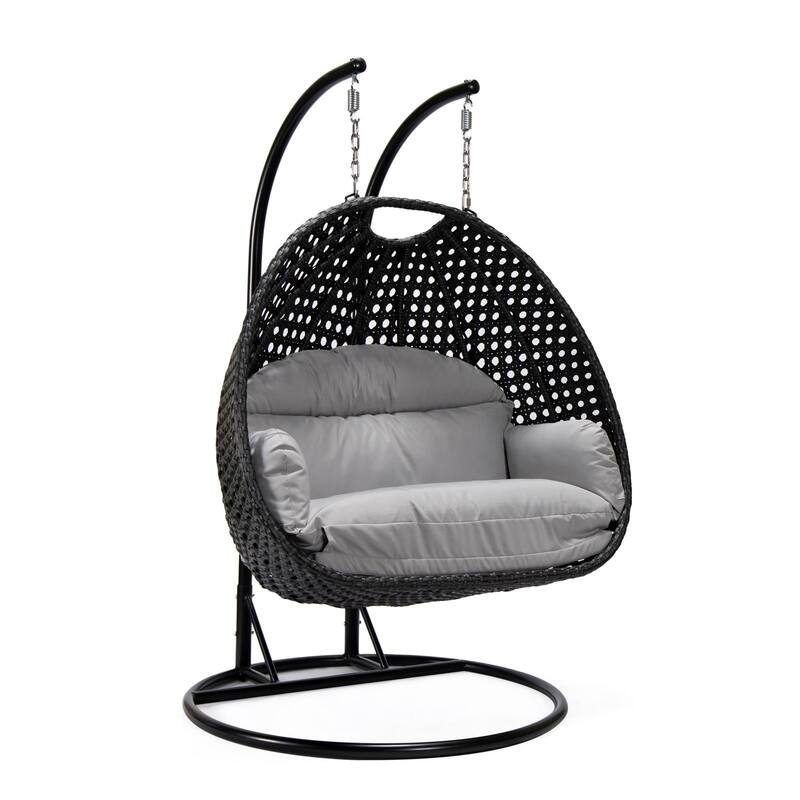 Patio 2-Person Hanging Egg Swing Chair Charcoal Wicker and Iron Frame Breathable Removable Cushion Covers by LeisureMod - Light Grey