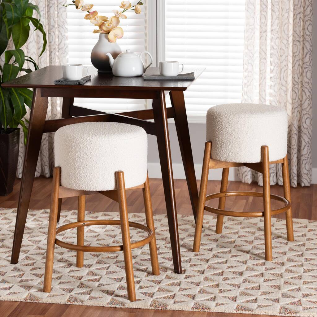 Olwen Modern Japandi Boucle Fabric and Wood 2-Piece Bar Stool Set