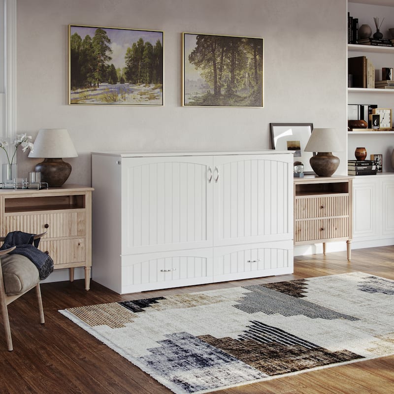 Aspen Queen Murphy Bed Chest with 6" Mattress, Storage Drawer & Built-In Charger in White