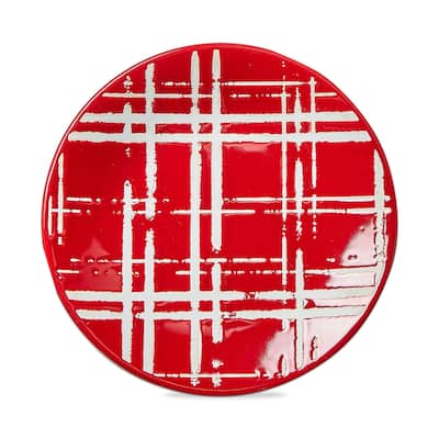Red Plaid Ceramic Appetizer Plates Set of 4 Dishwasher Safe Everyday Dining 8 Inch Diameter
