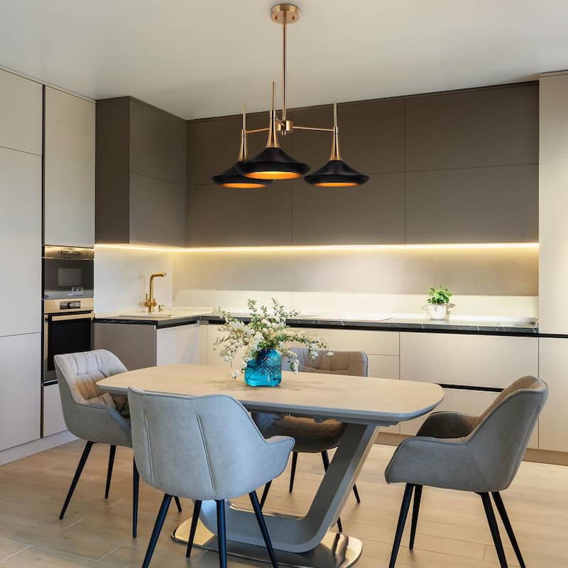 Conia Modern 3-Light Wheel Chandelier Black Gold Pendant Lights for Dining Room - 25.2" D x 11.8" H