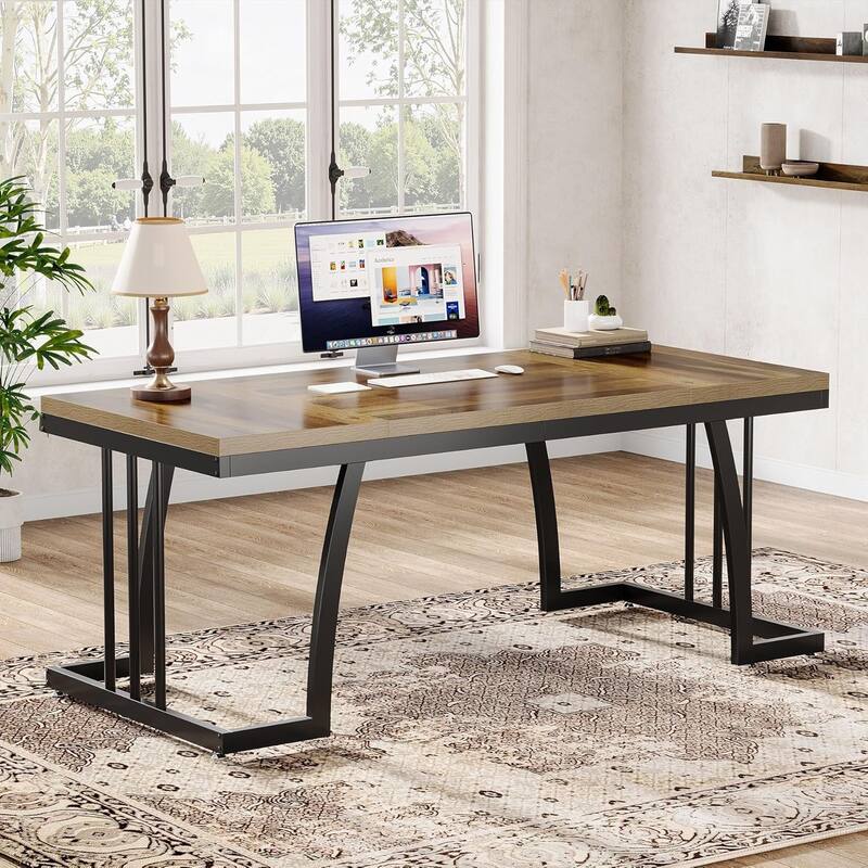 63" Executive Desk, Large Office Computer Desk with Sturdy Metal Frame - Brown