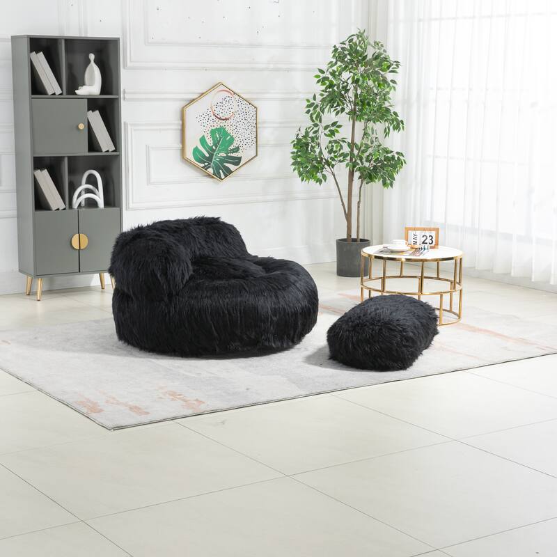 Fluffy Bean Bag Chair with Ottoman, Comfy Bean Bag Lounger for Adults and Kids, Ultra Soft Lazy Sofa Chair with Memory Foam