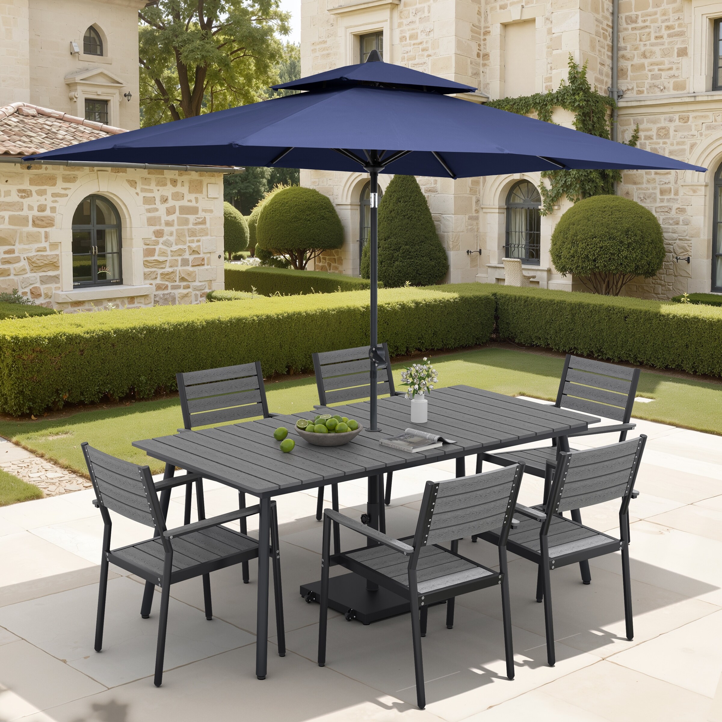 9-Piece Outdoor Dining Set Aluminum Table and 8 Stackable Chairs and 10 ft Umbrella with Base