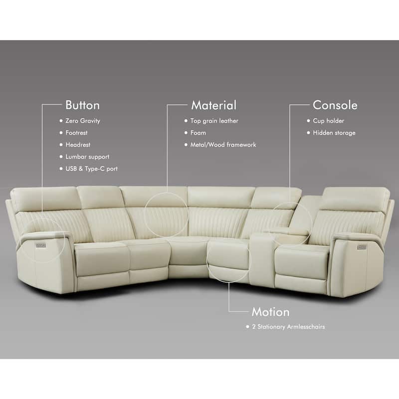 105" W Genuine Leather Power Sectional Sofa Set with Power Headrest & Lumbar, Single Console, USB&USB-C Ports