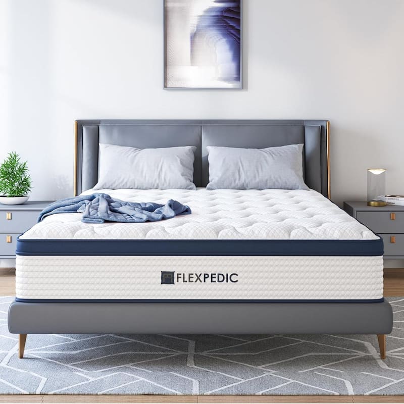 Roomfitters 10 Inch Queen Hybrid Mattress, Space Cotton Memory Foam and Pocket Spring Bed for Pressure Relief, White+Blue