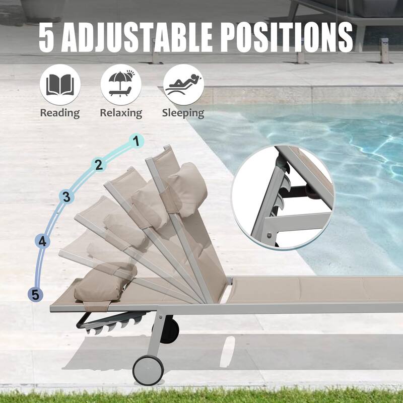 Outdoor Aluminum Patio Chaise Lounge Set of 3 with Side Table and Wheels, Padded Adjustable Recliner for Poolside, Beach