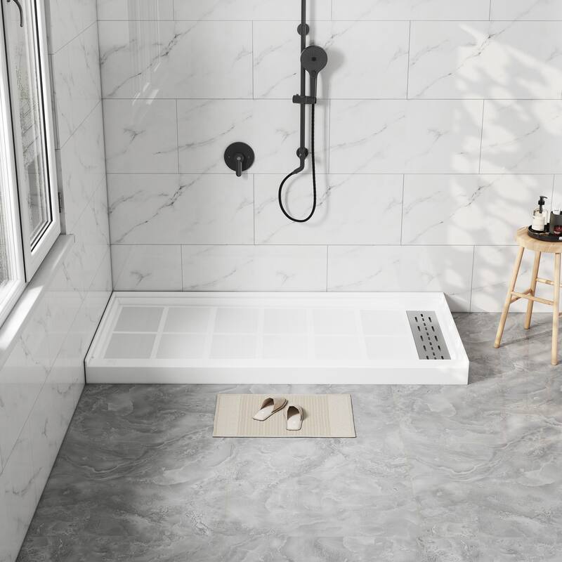 60 in. x 30 in. Elegant White Single Threshold Anti-slip SMC Rectangular Shower Base with Drain and Stainless Steel Drain Cover