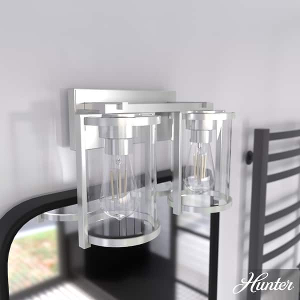 slide 2 of 12, Hunter Astwood Bathroom Vanity Light, Clear Cylinder Glass, Damp Rated, Caged - Contemporary, Transitional, Art-Deco 2-Light 15" - Brushed Nickel