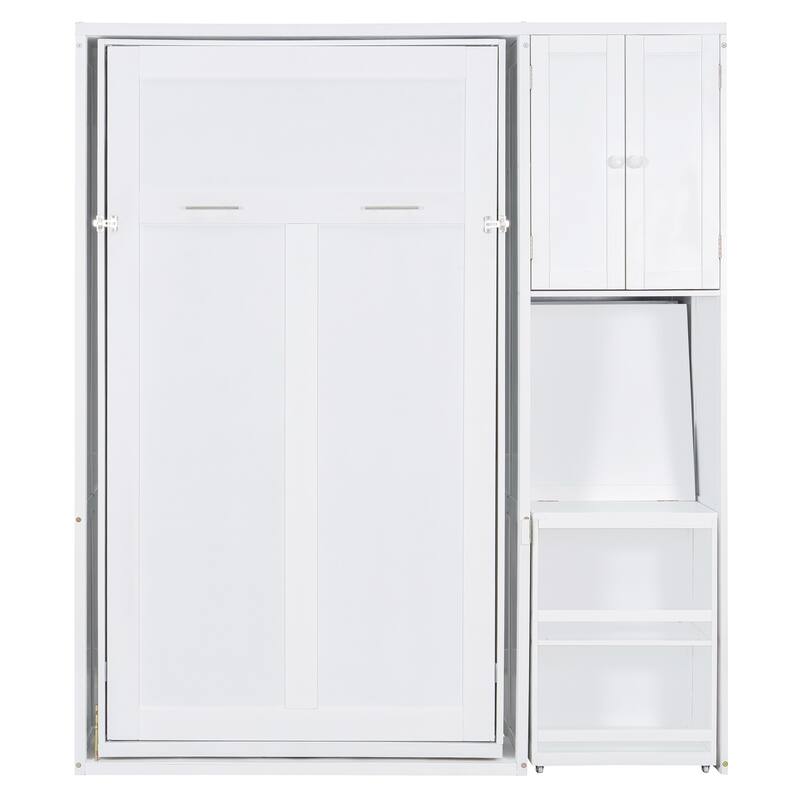 Twin Size Rotating Murphy Wall Bed with Bookshelf, Top Cabinet, Modern Foldable Cabinet Bed with Extendable Desk, Side Storage