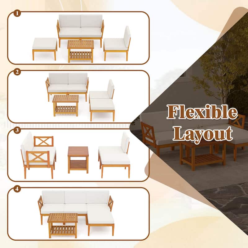 Costway 5 PCS Acacia Wood Patio Furniture Set with 2-Tier Coffee Table - See Details