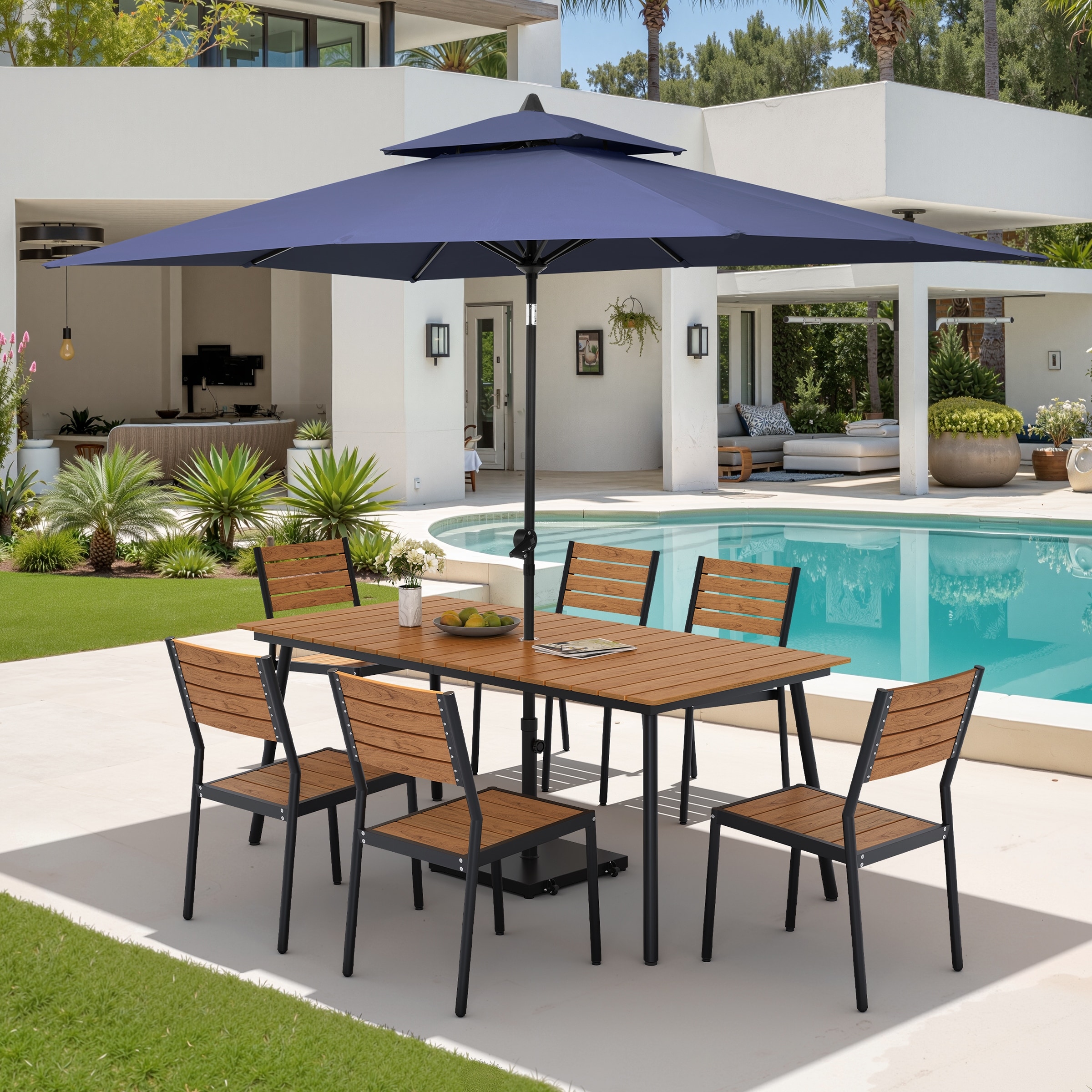 9PC Outdoor Patio Dining Set Wood-Like Aluminum Table with Stackable Chairs,Double Top Market Umbrella and Wheel Base