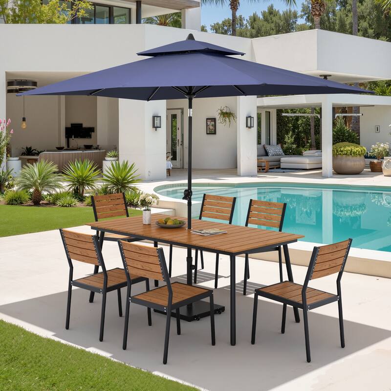 9PC Outdoor Patio Dining Set Wood-Like Aluminum Table with Stackable Chairs,Double Top Market Umbrella and Wheel Base - BrownTable&BrwonChairs&NavyBlueUmbrella