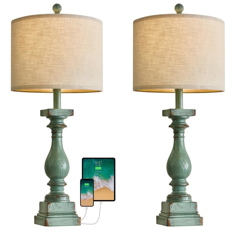 27" Farmhouse Table Lamp Set of 2 with USB A and C