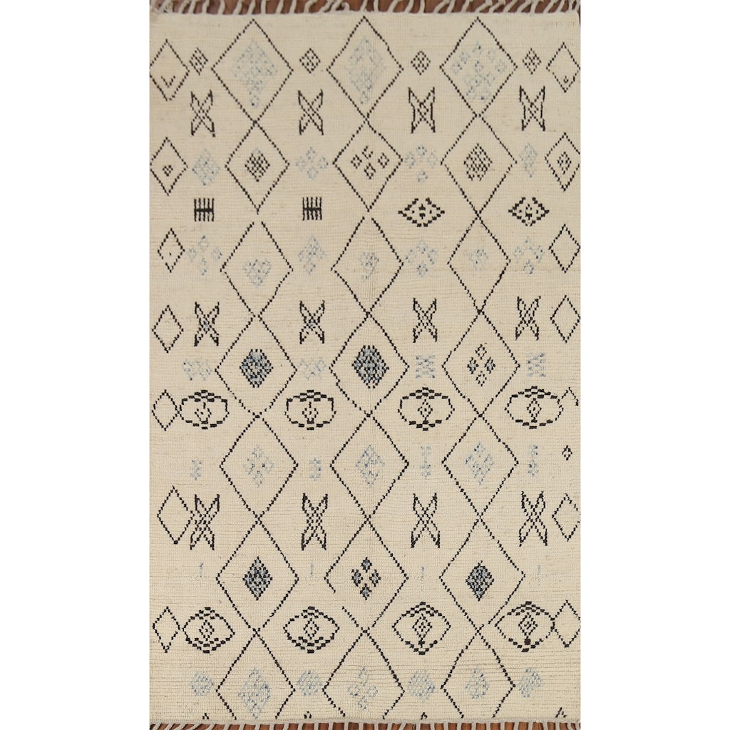 All-Over Design Ivory Moroccan Area Rug Handmade Oriental Wool Carpet - 5'2"x 8'8"
