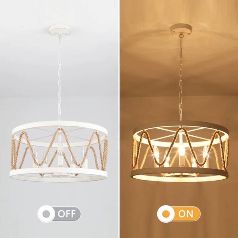 Modern 5-Light Hand-Woven Hemp Rope Drum Chandelier for Dining Room, Classic Semi Flush Mount Chandelier - W19.68"x H9.44"