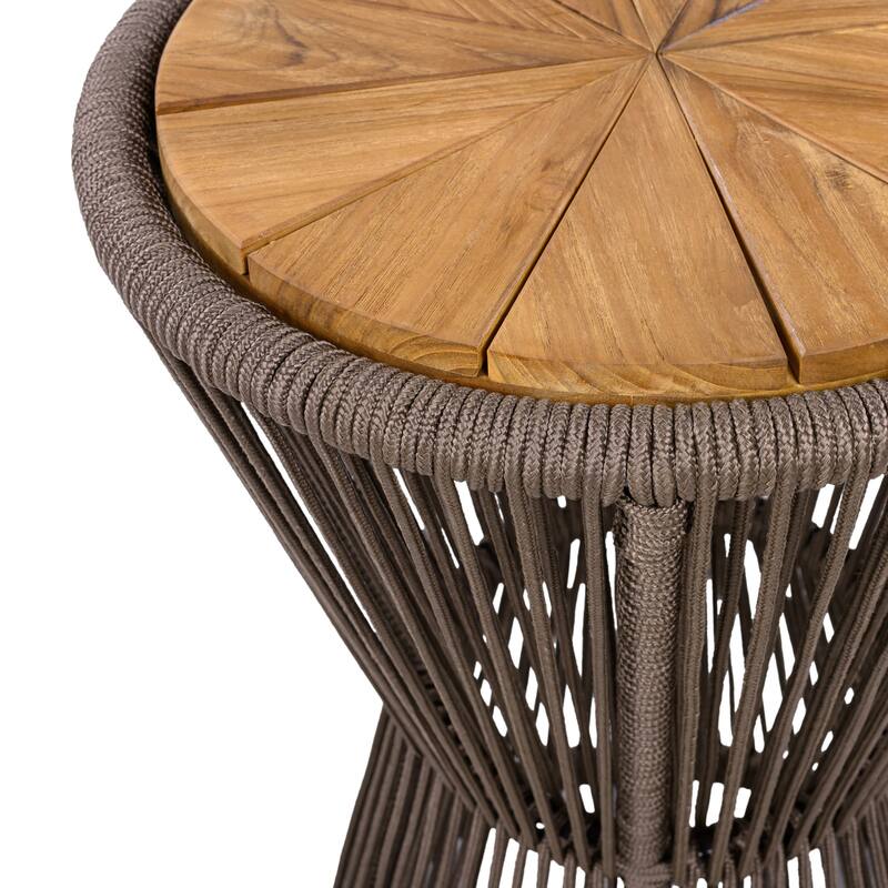 Roomfitters 25.8" Outdoor Side Table Modern Woven Rope Hourglass Patio Accent Table with Teak Wood Finish Top