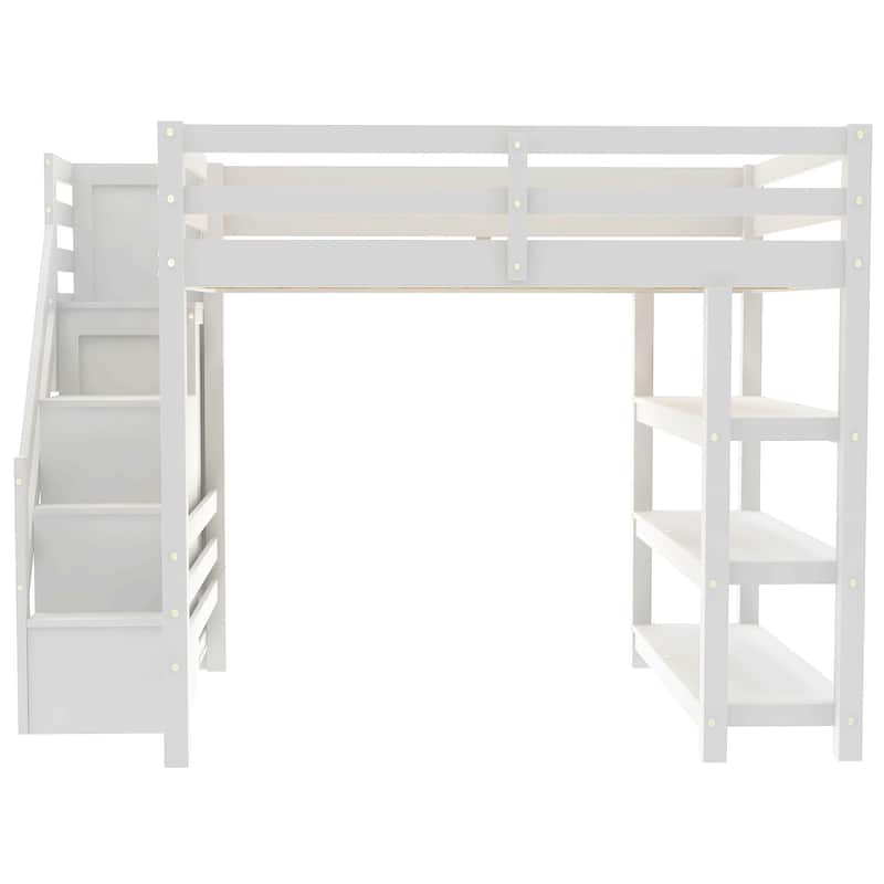 3-Tier Shelves Loft Bed White Wood Bed Frame with Storage Staircase and Safety Guardrail, Bright LED Lights Underneath