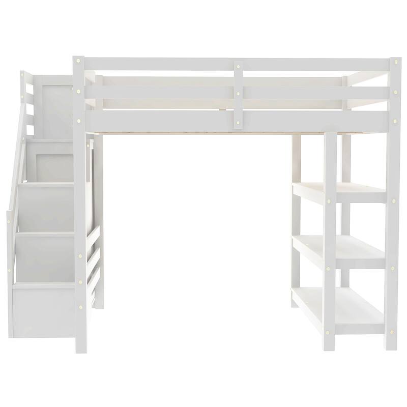 Twin/Full Size LED Loft Bed with Storage Staircase and Wardrobe, Solid Pine Wood High Loftbed Frame with 4 Layer Storage Shelves