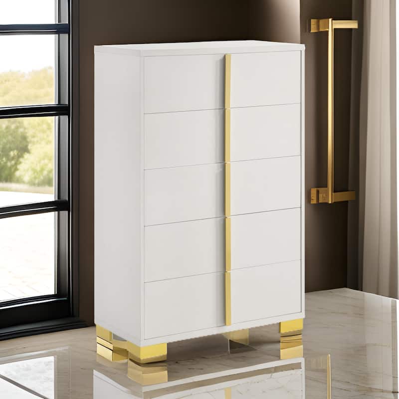 Dex 50 Inch Tall Dresser Chest, 5 Drawers with Vertical Gold Handles, White