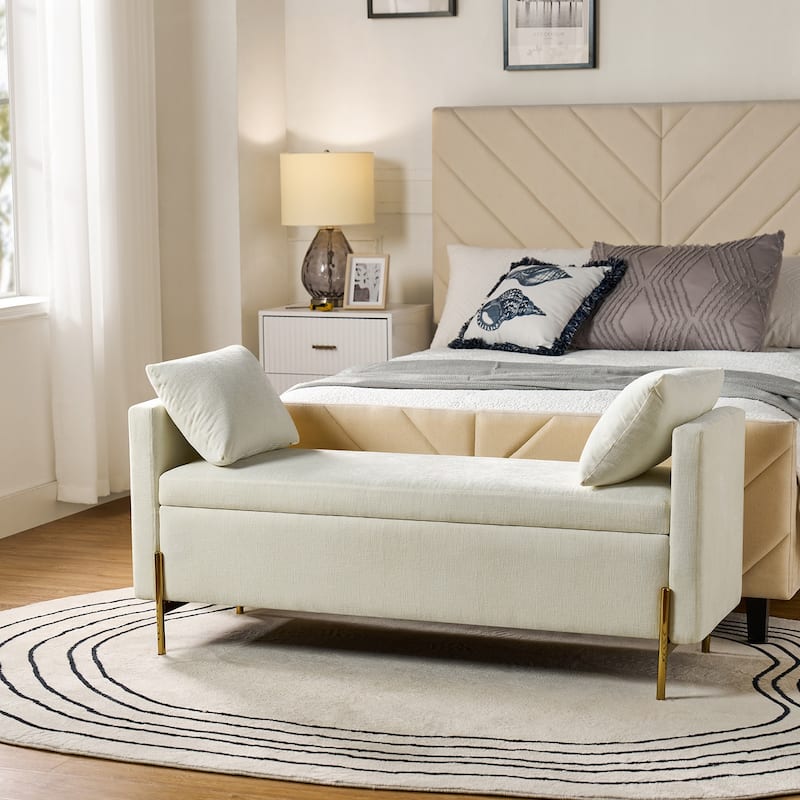 Angelus Upholstered Flip Top Storage Bench withTwo Pillows and Arms by HULALA HOME - Ivory
