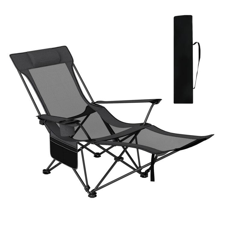 Grey Oxford Mesh Metal Reclining Camping Chair with Footrest and Cup