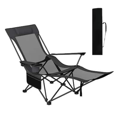 Grey Oxford Mesh Metal Reclining Camping Chair with Footrest and Cup