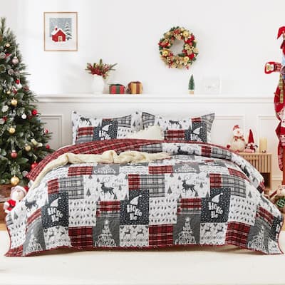 Christmas Plaid Quilts Coverlet Bed Set with Pillow Shams, Bedding Set