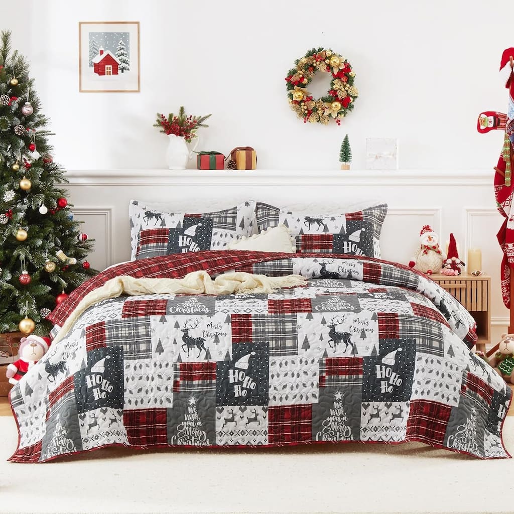 Christmas Plaid Quilts Coverlet Bed Set with Pillow Shams, Bedding Set