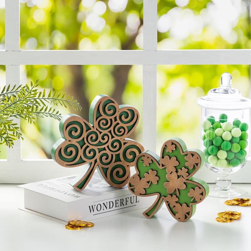 Glitzhome Set of 2 St. Patrick's Wooden Shamrock Table Decor
