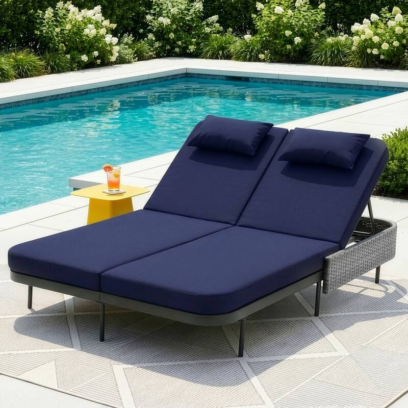 2-Person Outdoor Double Chaise Lounge, Wicker Patio Reclining Daybed with 6-Position Backrests, 4" Cushions, 800 lb Capacity - Navy