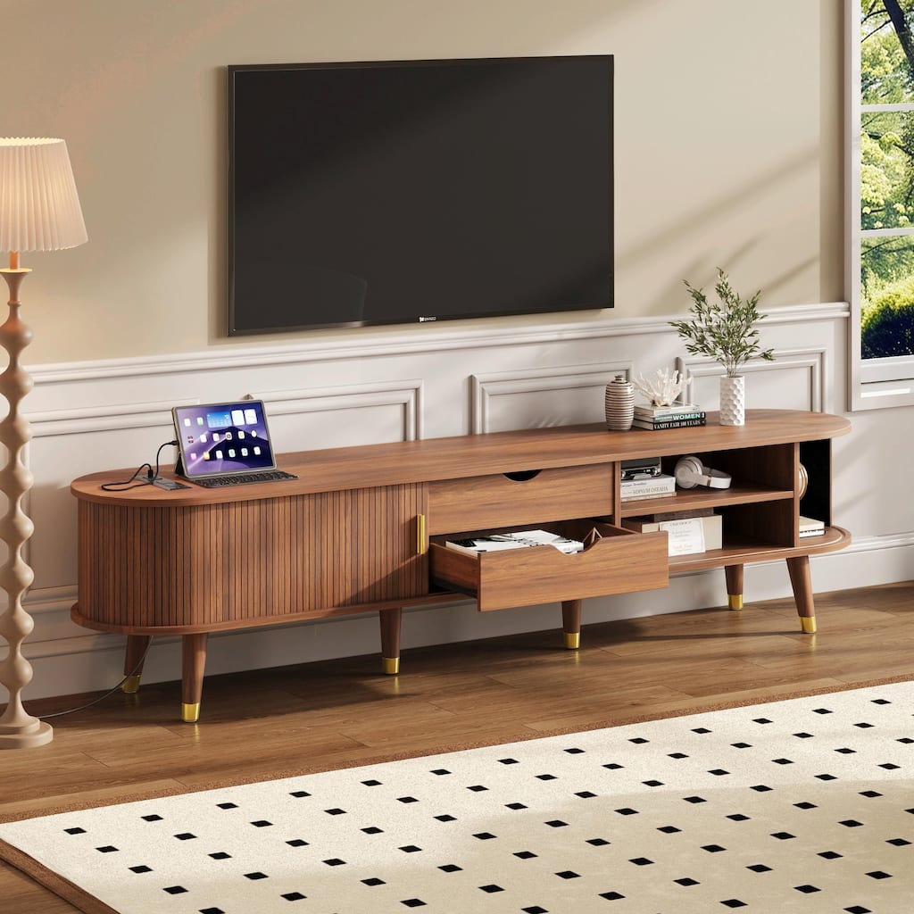 Wooden Oval Fluted TV Stand with Charging Station for TVs Up to 80"