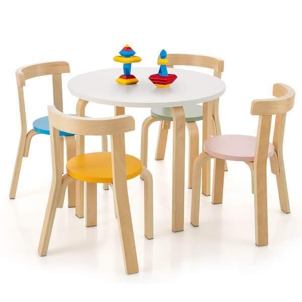 slide 2 of 30, Gymax 5-Piece Kids Wooden Curved Back Activity Table & Chair Set w/Toy Multi
