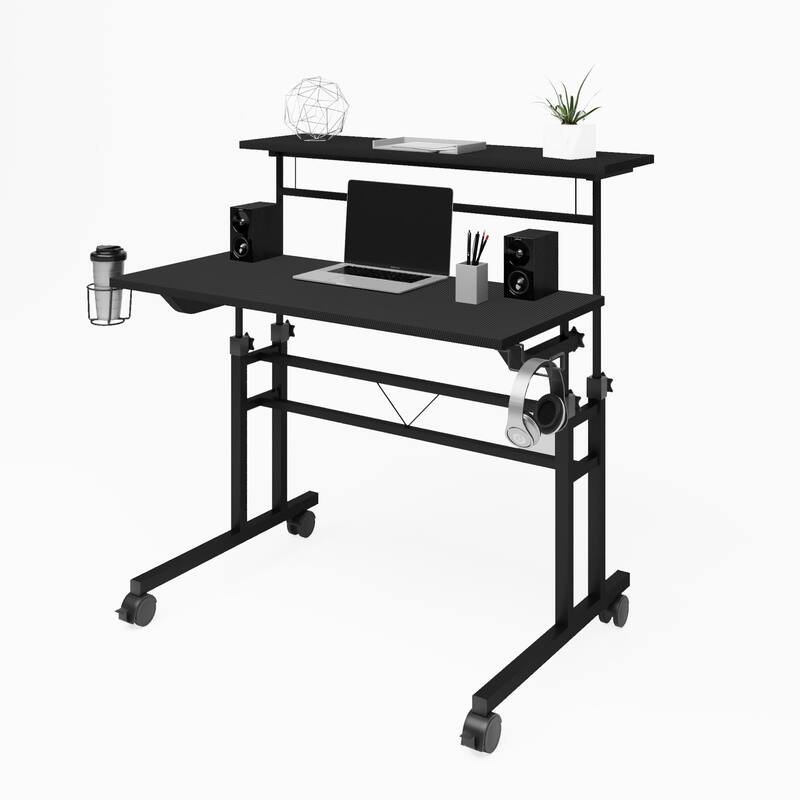 Adjustable Rolling Desk with Dual Surfaces, Carbon Fiber-Like Texture, Locking Wheels, and Integrated Storage for Home Office