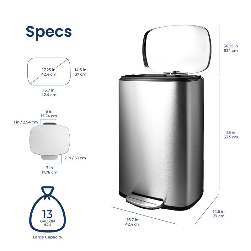 NINESTARS 13.2 Gallon Rectangular Step-On Trash Can