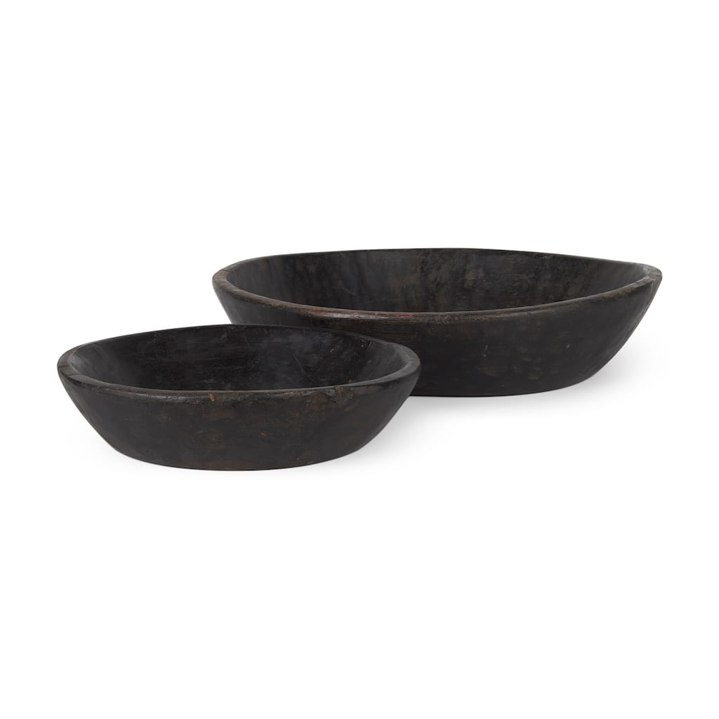 Nikita Set of 2 Large Black-Brown Reclaimed Wood Bowls - 20.0L x 20.0W x 5.0H