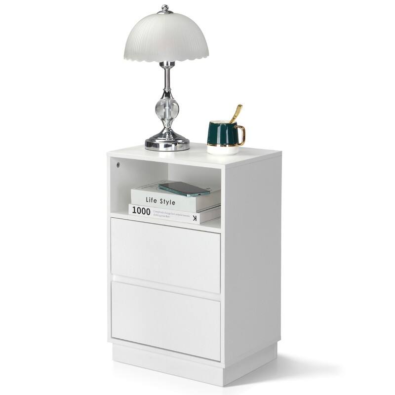 15.7" White Nightstand, P2 Particleboard, Matte Melamine, Beveled Drawer, 2 Drawers