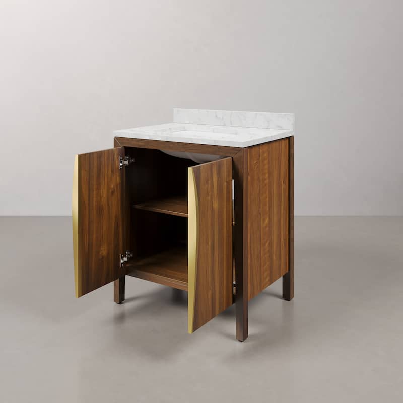 Ferrero 30 in. Single Sink Carrara White Marble Bath Vanity in Noir Juglans with Satin Gold Hardware