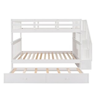 Bunk Bed with Trundle, Storage Staircase and Guardrail, White