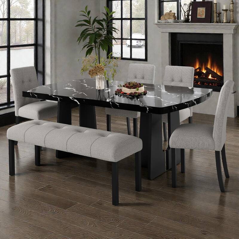 6-Piece Modern Dining Set, 63" Faux Marble Table with Geometric Legs, 4 Upholstered Chairs and Bench for Kitchen Dining Room