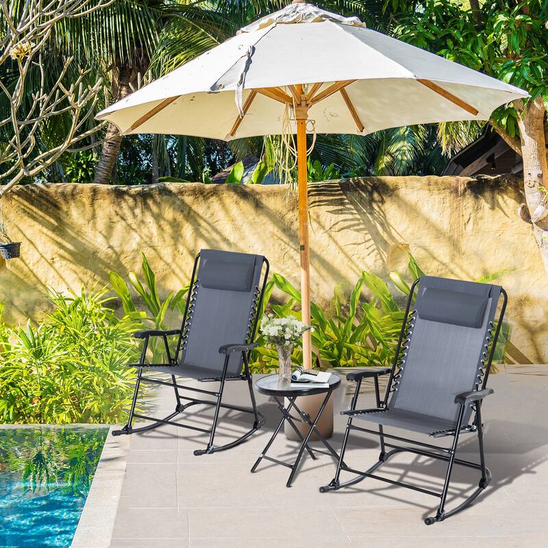 3 Piece Outdoor Rocking Bistro Set, Patio Folding Chair Table Set with Glass Coffee Table for Yard, Patio, Deck, Backyar